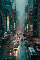 AI generated image of city street on rainy day. Buildings landscape, The road should be wet and reflect the lights from numerous vehicle including cars and truck Ai Generated photo