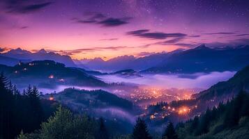 ai generado montañas en niebla en hermosa noche. paisaje con alto montaña valle, bajo nubes, bosque, púrpura cielo con estrellas, esclarecedor el ciudad a puesta de sol ai generado foto