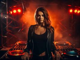 AI generated Young woman dj with sunglasses Smoke and Headphones playing music. Nightlife concept. AI Generated photo