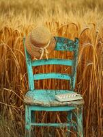 AI generated serene image captures vintage wood chair with peeling turquoise paint amidst field of tall, golden wheat. straw hat with ribbon Ai Generated photo