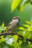 AI generated sparrow perched on a branch, surrounded by lush greenery Ai generated photo