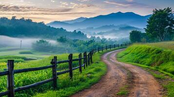 AI generated tranquil rural early morning . winding dirt path is prominent, leading the viewer eye through the it surrounded by lush greenery. wood fence runs alongside the path. Ai Generated photo