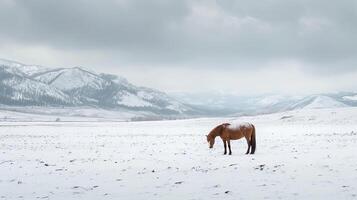 ai generado sereno y Nevado paisaje con un soltero marrón caballo en pie en el nieve ai generado foto