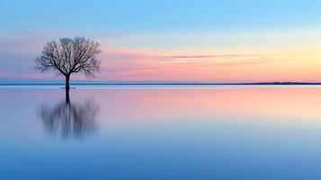 AI generated serene Photo of lone tree standing partially submerged in calm body of water, with the gradient hues of sunset or sunrise reflecting on the water surface. Ai Generated