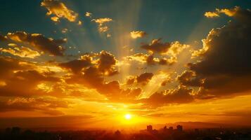 ai generado maravilloso foto de puesta de sol terminado ciudad horizonte. el Dom es parcialmente oscurecido por nubes, fundición un formación de dorado rayos a través de el cielo ai generado