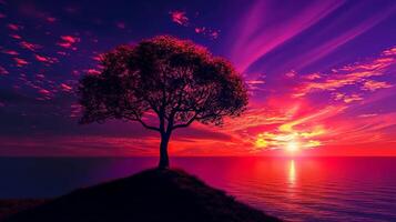 AI generated Photo of solitary tree silhouetted against vibrant sunset, standing on small hill surrounded by calm waters, clouds should be scattered across the sky Ai Generated