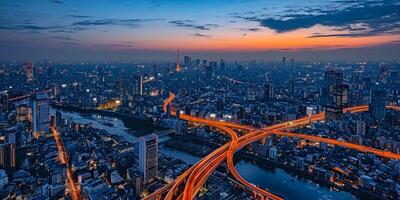 AI generated Photo of cityscape during dusk with river through part of the city. The sky the onset of evening, streetlights forming bright orange trail to the urban landscape Ai Generated