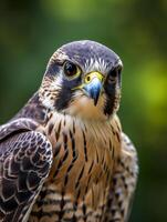 AI generated The falcon has brown feathers with white streaks creating an intricate pattern Ai generated photo