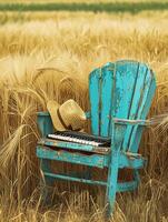 AI generated serene image captures vintage wood chair with peeling turquoise paint amidst field of tall, golden wheat. straw hat with ribbon Ai Generated photo