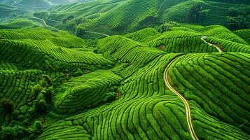 ai generado aéreo ver de vibrante verde té plantaciones es hermosa visión a Mirad. el plantaciones son organizado en ordenado filas ese formar intrincado patrones en el paisaje. ai generado foto