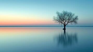 AI generated serene Photo of lone tree standing partially submerged in calm body of water, with the gradient hues of sunset or sunrise reflecting on the water surface. Ai Generated