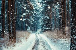 AI generated image of snowy path winding through dense forest of tall, slender trees. Snowflakes are falling gently, adding to the tranquil and serene atmosphere Ai Generated photo