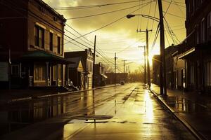 AI generated street scene sunrise or sunset. The road is possibly due to recent rain, and reflects the light from the sky. Buildings line both sides of the street old and have rustic Ai Generated photo