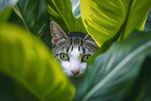 AI generated cat peering through large, vibrant green leaves Ai generated photo