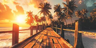 AI generated boardwalk with palm trees in tropical island at sunset, in the style of luxurious Ai Generated photo