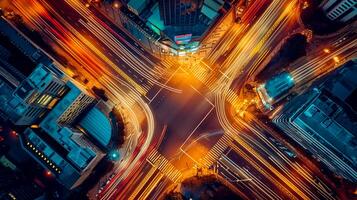 AI generated image is an aerial view of busy city intersection at night. Multiple roads converge at this point, creating an intricate pattern marked by various lanes and crosswalks. Ai Generated photo