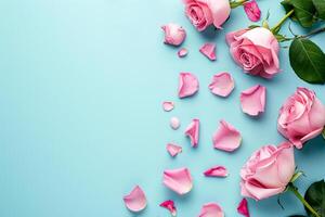 ai generado rosado flor de madera antecedentes. Boda invitación San Valentín día parte superior ver vacío espacio ai generado foto