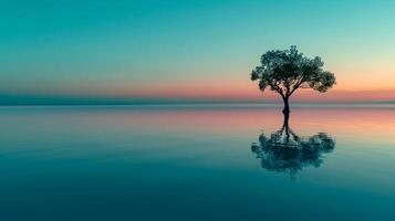 AI generated serene Photo of lone tree standing partially submerged in calm body of water, with the gradient hues of sunset or sunrise reflecting on the water surface. Ai Generated