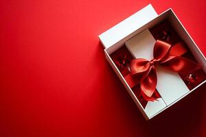 AI generated Red Elegance from Above 3D Top View Gift Box with Ribbon, Empty Space, Ai generated photo