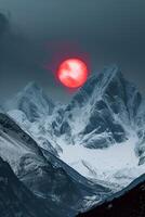 AI generated Snowy mountains surrounded by symmetry, in the center is black and red suns from the evening. Minimalist Chinese classical style Ai Generated photo