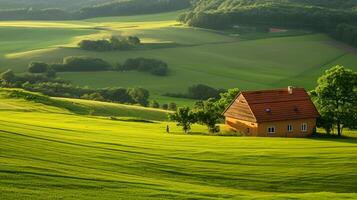 AI generated house the countryside, dividing the lush green fields, long exposure photography Ai Generated photo