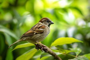 AI generated sparrow perched on a branch, surrounded by lush greenery Ai generated photo