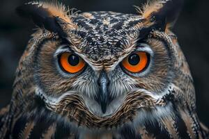 AI generated photo selective focus shot of an owl with big yellow eyes Ai generated