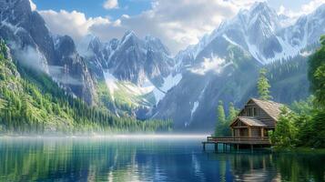 AI generated serene landscape with wood cabin on pristine lake, surrounded by towering mountains and lush greenery. The cabin should be built on stilts over crystal clear lake Ai Generated photo