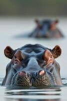 ai generado hipopótamo cabeza emergente desde el agua. el agua tiene amable ondas, indicando calma ai generado foto