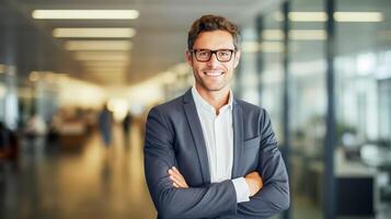 ai generado contento empresario sostiene un bolso gerente en un negocio traje. ai generado foto