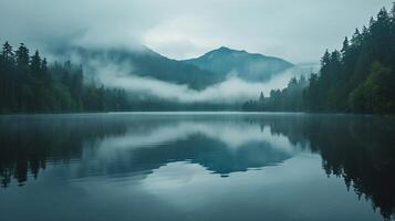 AI generated tranquil lake surrounded by dense forest with misty mountains in the background. The water in the lake is still, reflecting the surrounding landscape like mirror Ai Generated photo