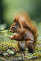 AI generated squirrel in vivid detail. The squirrel has rich, reddish-brown fur and a large, bushy tail Ai generated photo