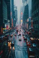 ai generado imagen de ciudad calle en lluvioso día. edificios paisaje, el la carretera debería ser mojado y reflejar el luces desde numeroso vehículo incluso carros y camión ai generado foto