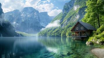 AI generated serene landscape with wood cabin on pristine lake, surrounded by towering mountains and lush greenery. The cabin should be built on stilts over crystal clear lake Ai Generated photo