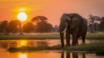AI generated elephant standing by a water body at sunset Ai generated photo