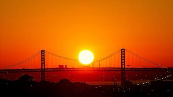 AI generated stunning Photo of sunset with an orange and yellow gradient sky. The sun is prominently visible, setting behind the silhouette of suspension bridge. cityscape silhouette Ai Generated