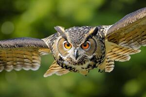 AI generated owl in flight. The owls wings are fully extended, showcasing detailed feather patterns Ai generated photo