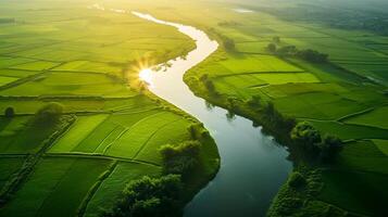 AI generated lush green landscape intersected by calm river, the sun casting long shadows. The river should meander through the landscape, reflecting the sky and surrounding greenery Ai Generated photo