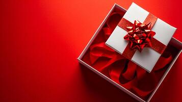 ai generado elegante rojo regalo presentación 3d lujo regalo caja, oro cinta, parte superior vista, ai generado foto