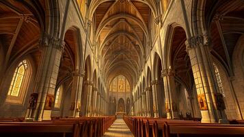 ai generado imagen de grandioso catedral interior con imponente Roca arcos madera bancas debería ser alineado ai generado foto