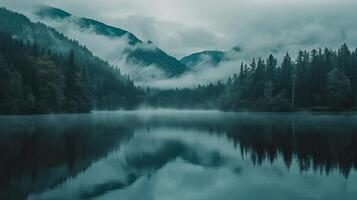 ai generado foto hermosa paisaje de un lago con el reflexión sobredosis rodeando montañas en el antecedentes ai generado