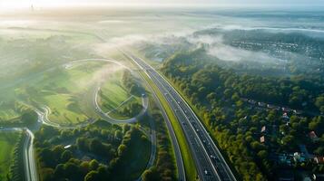 AI generated aerial view captures winding highway cutting through landscape with residential areas, forests, and fields. The highway is prominent, with vehicle visible, Ai Generated photo