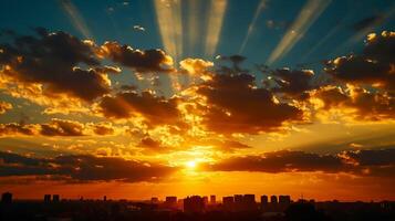 ai generado maravilloso foto de puesta de sol terminado ciudad horizonte. el Dom es parcialmente oscurecido por nubes, fundición un formación de dorado rayos a través de el cielo ai generado