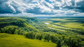 AI generated Photo vast prairie with green grass, wide river in the distance, and lush forest on both sides, long exposure Ai Generated