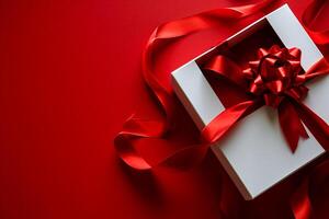 AI generated Red Elegance from Above 3D Top View Gift Box with Ribbon, Empty Space, Ai generated photo