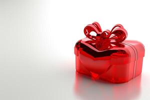 ai generado romántico gesto parte superior ver de 3d corazón regalo caja con rojo cinta, vacío espacio, ai generado foto