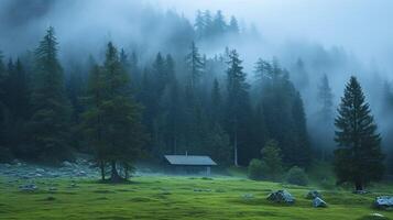 AI generated serene forest with solitary cabin in the middle of green field surrounded by tall, dense trees. The atmosphere is foggy, giving the scene mystical and tranquil vibe Ai Generated photo