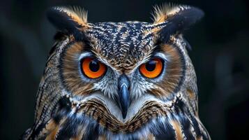 AI generated close-up image of an owl with intense, orange eyes and detailed feathers Ai generated photo