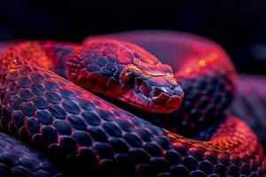 ai generado vibrante imagen de un serpiente con escamas ese son iluminado en vibrante rojo y oscuro tonos ai generado foto