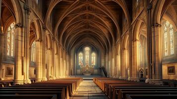 ai generado imagen de grandioso catedral interior con imponente Roca arcos madera bancas debería ser alineado ai generado foto